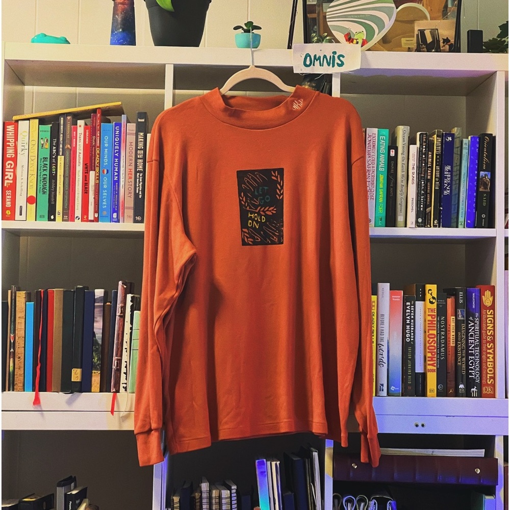 burnt orange long oversized crew neck block print art